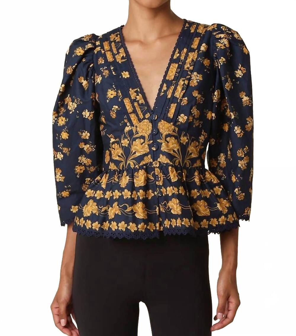 NEW OLIVACEOUS arya floral puff sleeve blouse in navy gold